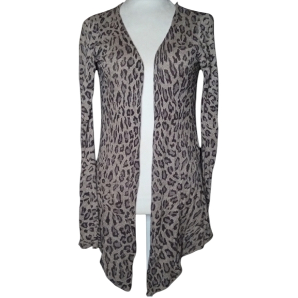 Acrobat Leopard Animal Print Open Front Silk Cashmere Knit Cardigan Size Medium - Picture 1 of 8